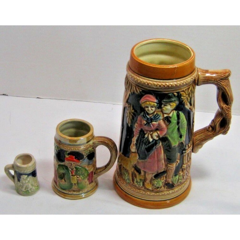 Vintage German Style Beer Steins, Set of 3, Made in Japan Painted Mugs